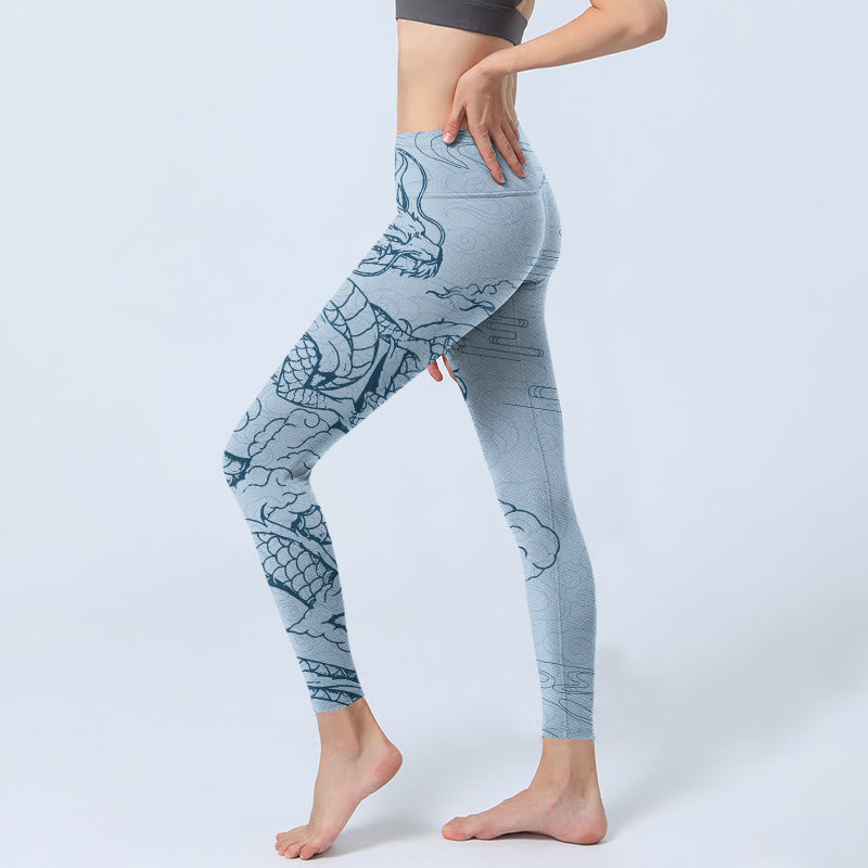 Buddha Stones, blau, schwebender Drache, wirbelnde Wolken, Druck, Gym-Leggings, Damen-Yogahose