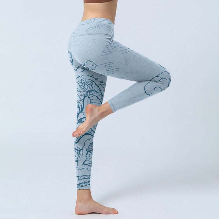 Buddha Stones, blau, schwebender Drache, wirbelnde Wolken, Druck, Gym-Leggings, Damen-Yogahose