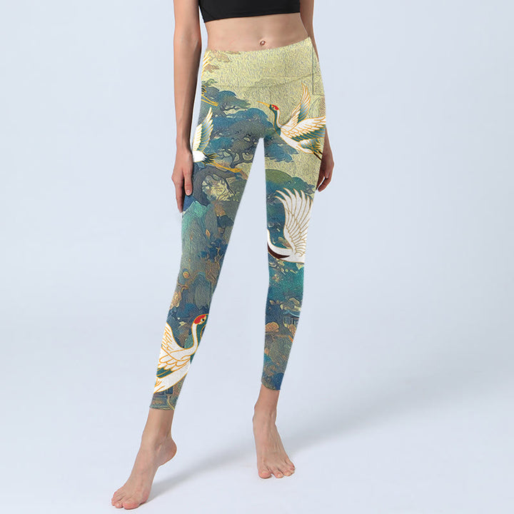 Buddha Stones Blau Mandschurenkranich Kiefernbaum Druck Gym Leggings Damen Yogahose - image 5