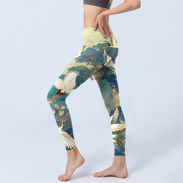 Buddha Stones Blau Mandschurenkranich Kiefernbaum Druck Gym Leggings Damen Yogahose