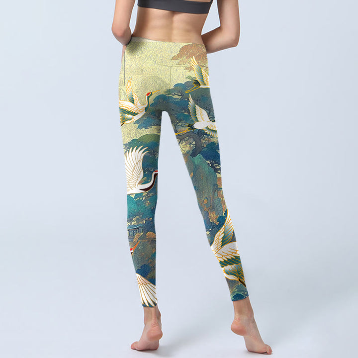 Buddha Stones Blau Mandschurenkranich Kiefernbaum Druck Gym Leggings Damen Yogahose - image 6
