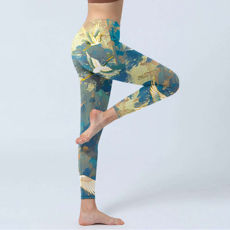 Buddha Stones Blau Mandschurenkranich Kiefernbaum Druck Gym Leggings Damen Yogahose