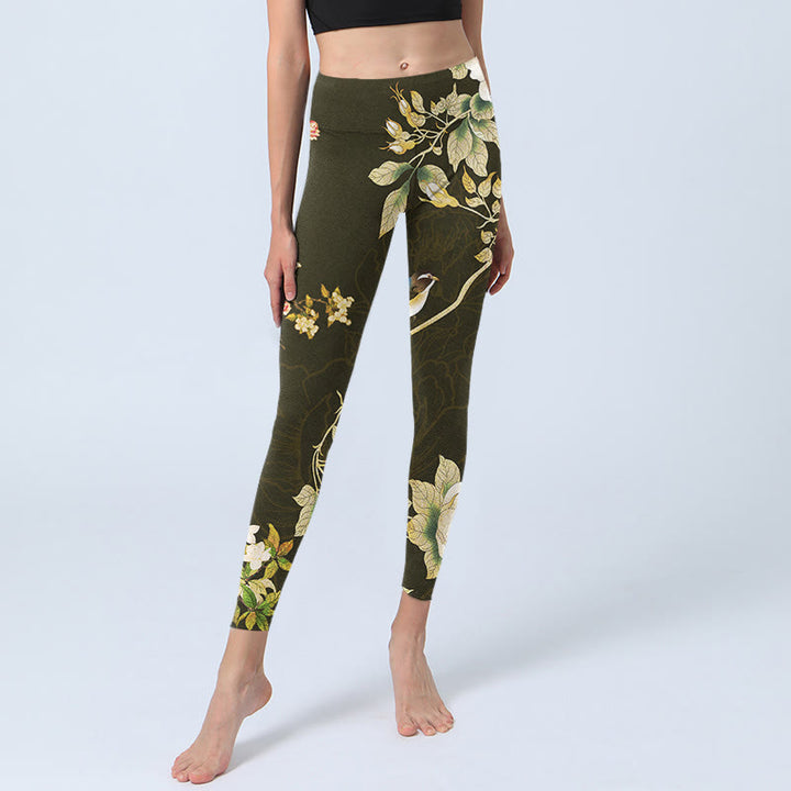 Buddha Stones Schwarze Magnolien-Blumen-Druck-Gymnastik-Leggings für Damen, Yogahose