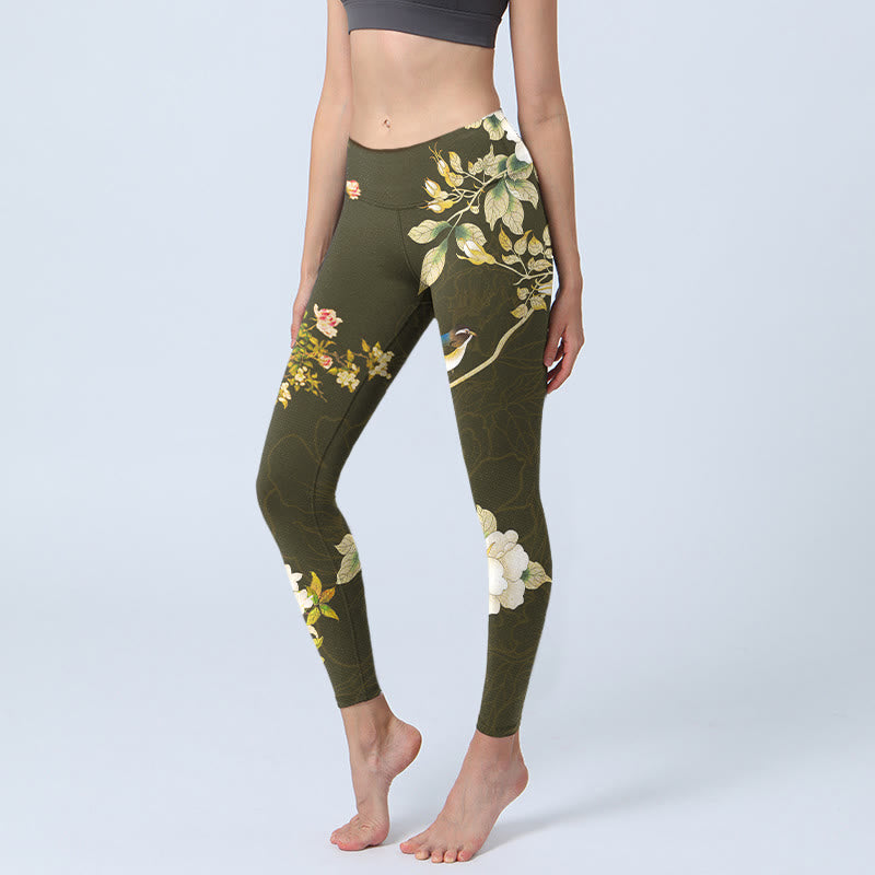 Buddha Stones Schwarze Magnolien-Blumen-Druck-Gymnastik-Leggings für Damen, Yogahose - Schwarz - US18， UK/AU22，EU50 (4XL) - image 1
