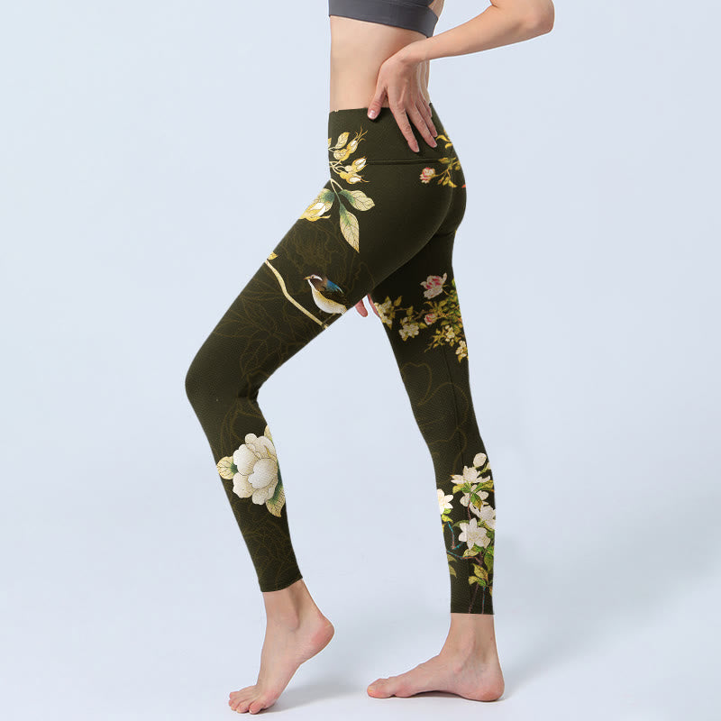 Buddha Stones Schwarze Magnolien-Blumen-Druck-Gymnastik-Leggings für Damen, Yogahose