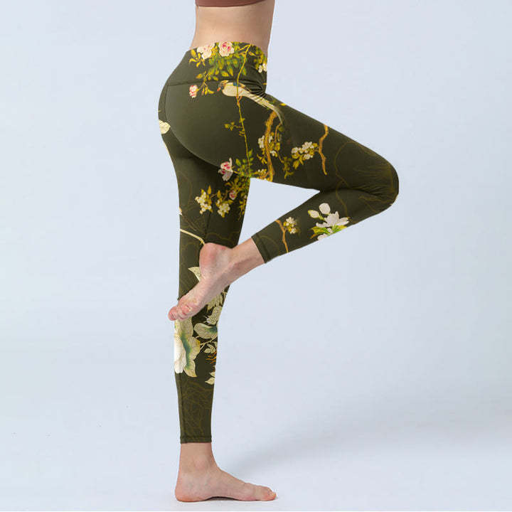 Buddha Stones Schwarze Magnolien-Blumen-Druck-Gymnastik-Leggings für Damen, Yogahose