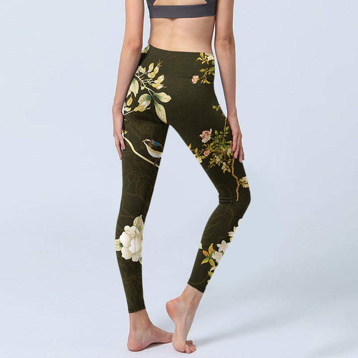 Buddha Stones Schwarze Magnolien-Blumen-Druck-Gymnastik-Leggings für Damen, Yogahose