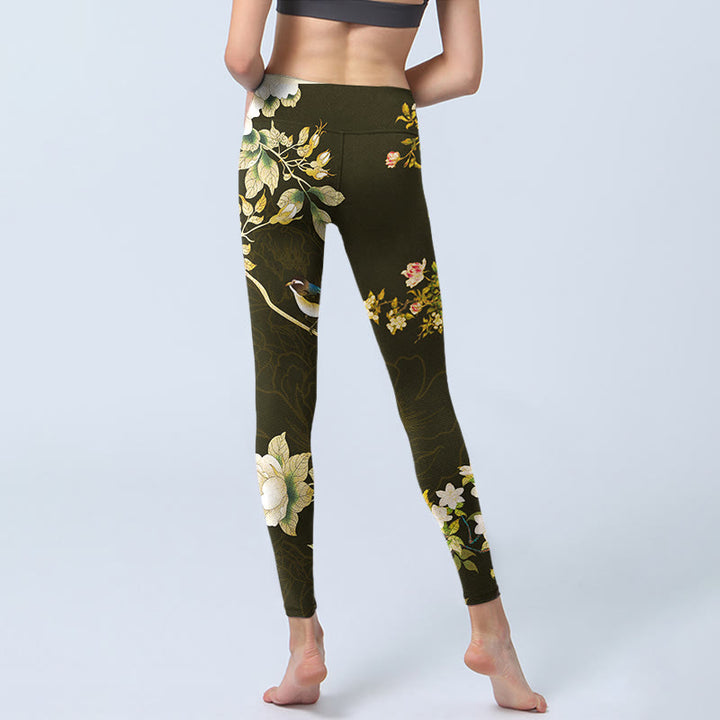 Buddha Stones Schwarze Magnolien-Blumen-Druck-Gymnastik-Leggings für Damen, Yogahose - image 7