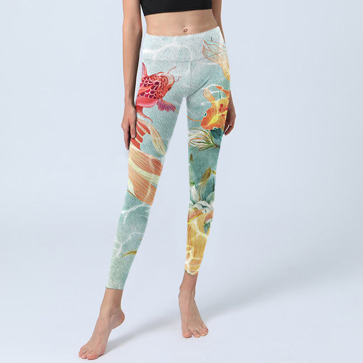 Buddha Stones, grüner Koi-Fisch, weißer Lotus, Wasserwellen-Druck, Gym-Leggings für Damen, Yoga-Hose