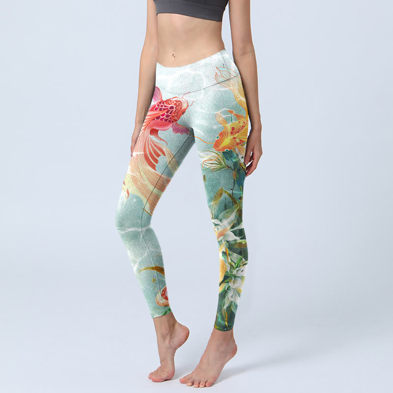 Buddha Stones, grüner Koi-Fisch, weißer Lotus, Wasserwellen-Druck, Gym-Leggings für Damen, Yoga-Hose - Honigmelone - US18, UK/AU22, EU50 (4XL) - image 0