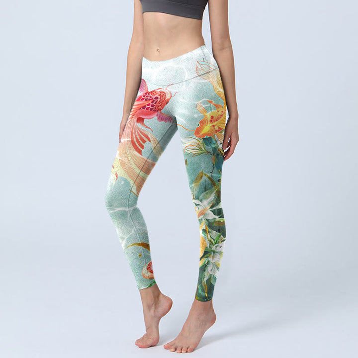 Buddha Stones, grüner Koi-Fisch, weißer Lotus, Wasserwellen-Druck, Gym-Leggings für Damen, Yoga-Hose - Honigmelone - US18, UK/AU22, EU50 (4XL) - image 0