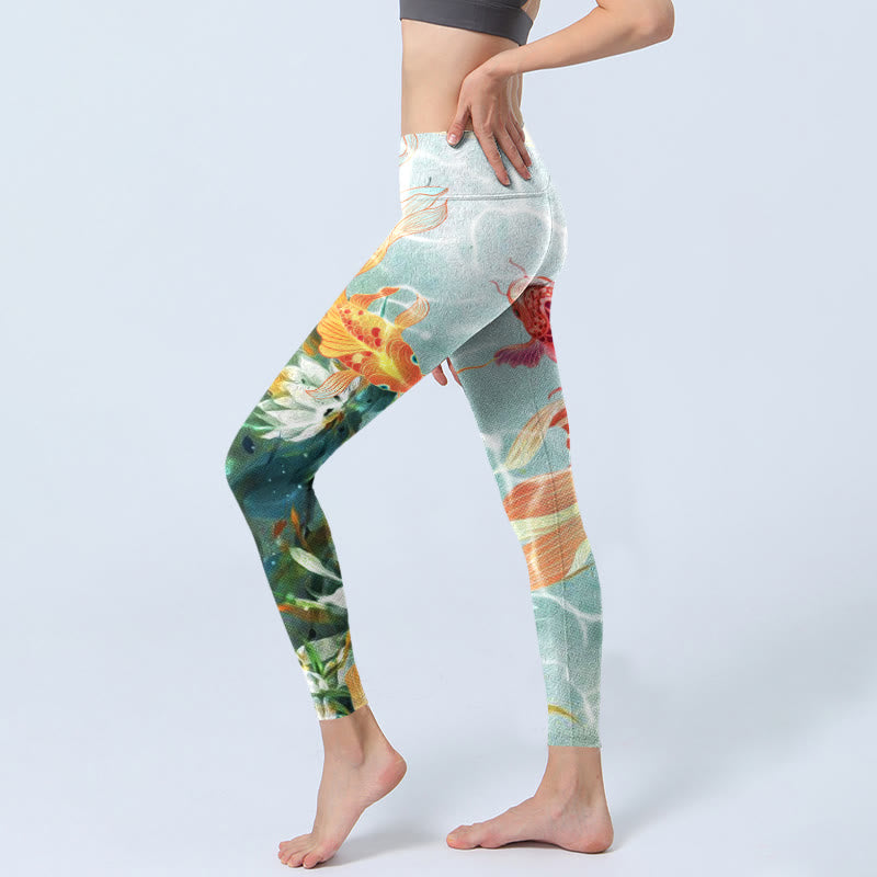 Buddha Stones, grüner Koi-Fisch, weißer Lotus, Wasserwellen-Druck, Gym-Leggings für Damen, Yoga-Hose - image 3