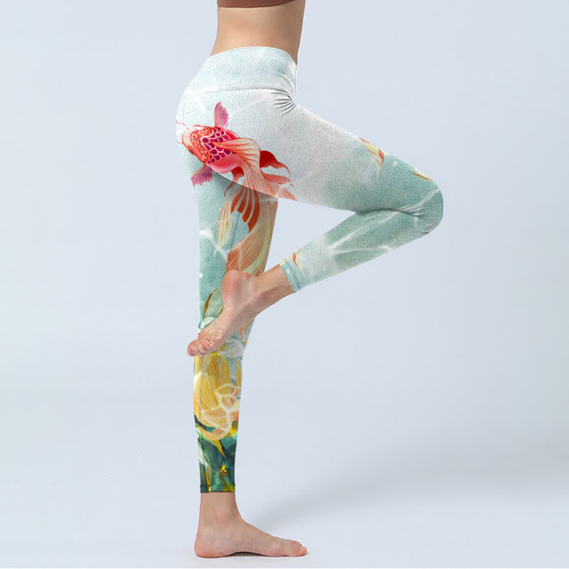 Buddha Stones, grüner Koi-Fisch, weißer Lotus, Wasserwellen-Druck, Gym-Leggings für Damen, Yoga-Hose