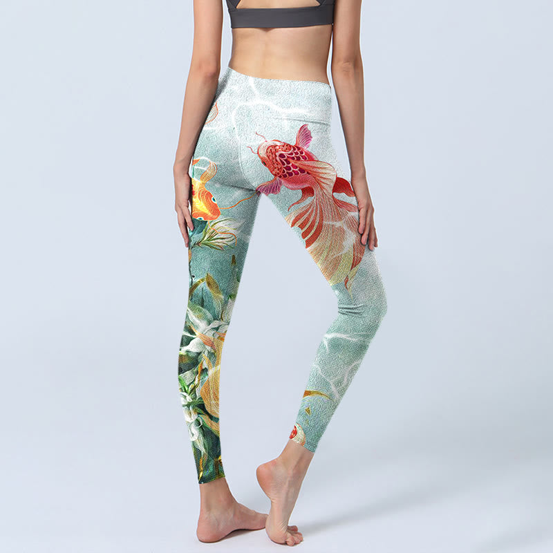Buddha Stones, grüner Koi-Fisch, weißer Lotus, Wasserwellen-Druck, Gym-Leggings für Damen, Yoga-Hose - image 4