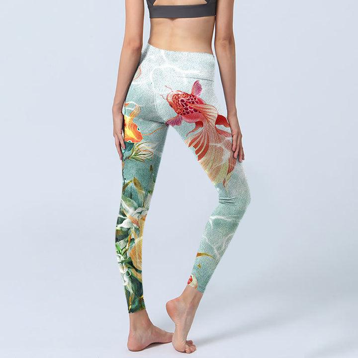 Buddha Stones, grüner Koi-Fisch, weißer Lotus, Wasserwellen-Druck, Gym-Leggings für Damen, Yoga-Hose - image 4