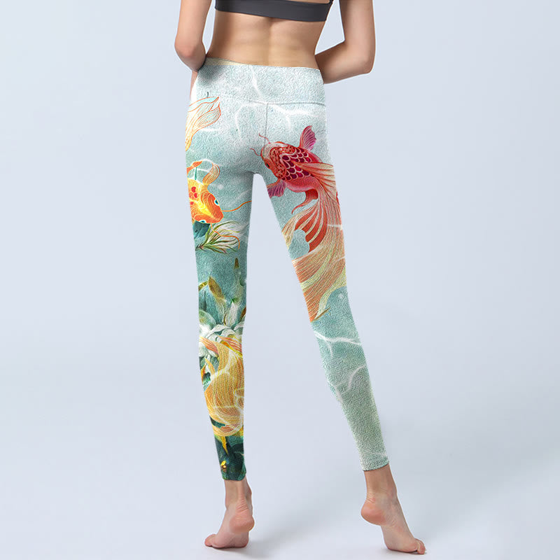Buddha Stones, grüner Koi-Fisch, weißer Lotus, Wasserwellen-Druck, Gym-Leggings für Damen, Yoga-Hose - image 6