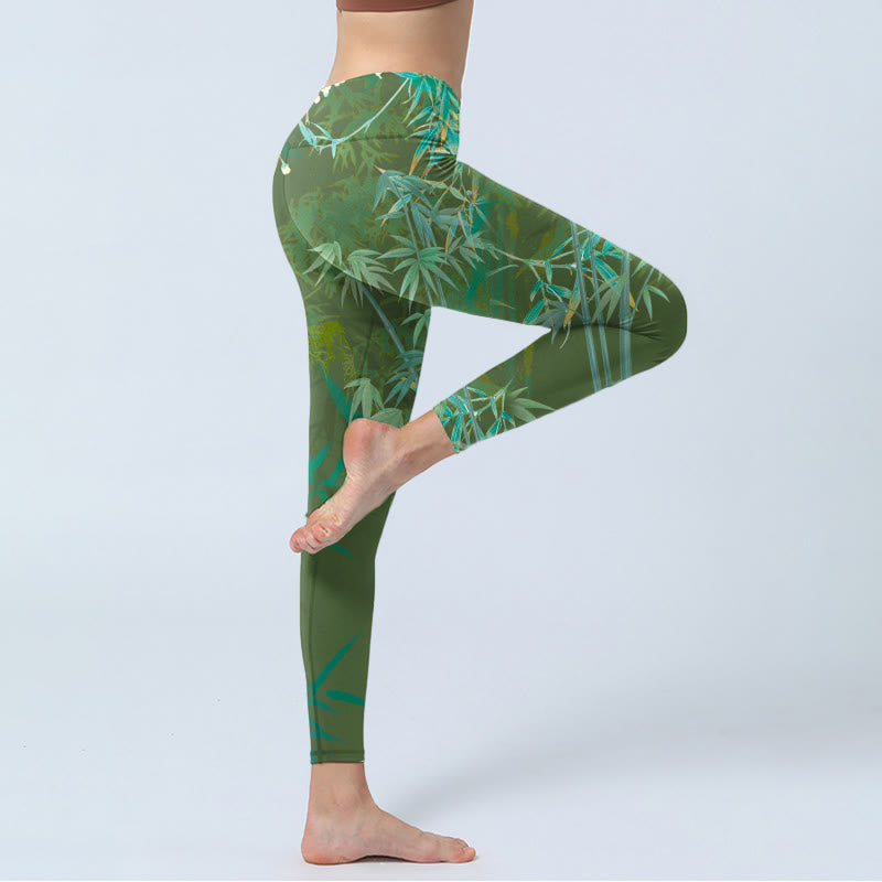 Buddha Stones Grün Bambus Rock Blumendruck Gym Leggings Damen Yogahose