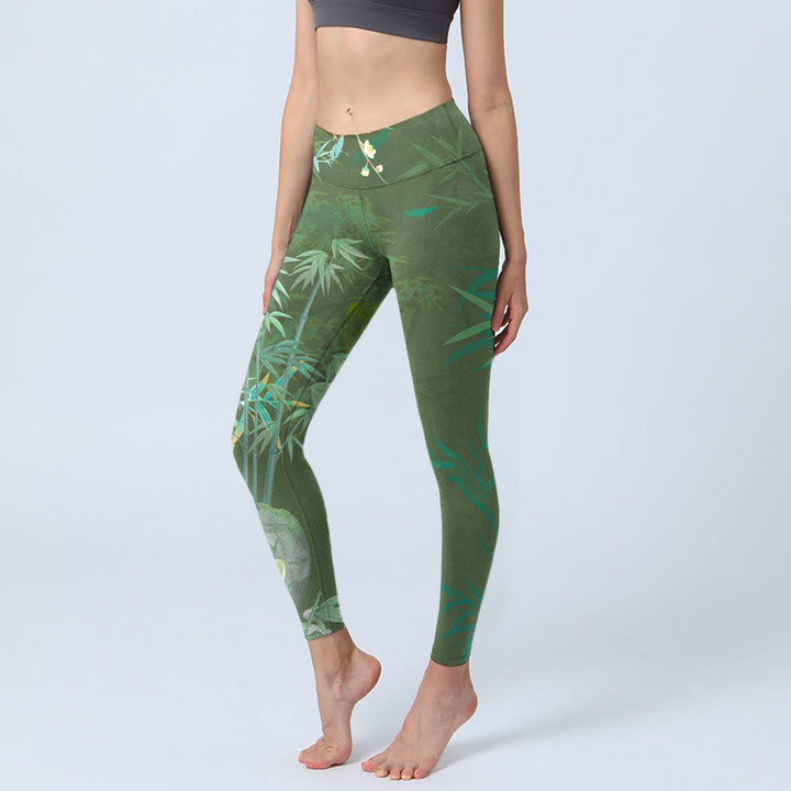 Buddha Stones Grün Bambus Rock Blumendruck Gym Leggings Damen Yogahose