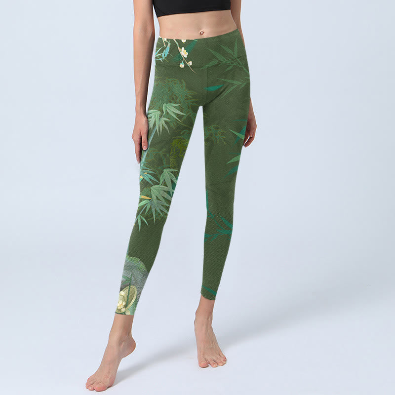 Buddha Stones Grün Bambus Rock Blumendruck Gym Leggings Damen Yogahose - image 6