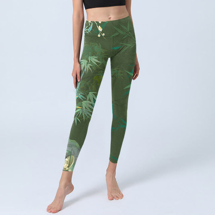 Buddha Stones Grün Bambus Rock Blumendruck Gym Leggings Damen Yogahose - image 6
