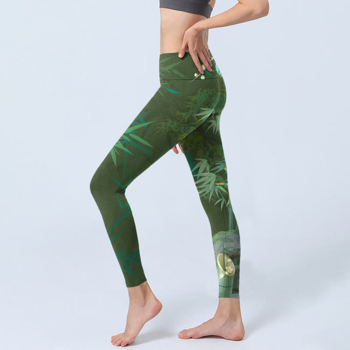 Buddha Stones Grün Bambus Rock Blumendruck Gym Leggings Damen Yogahose