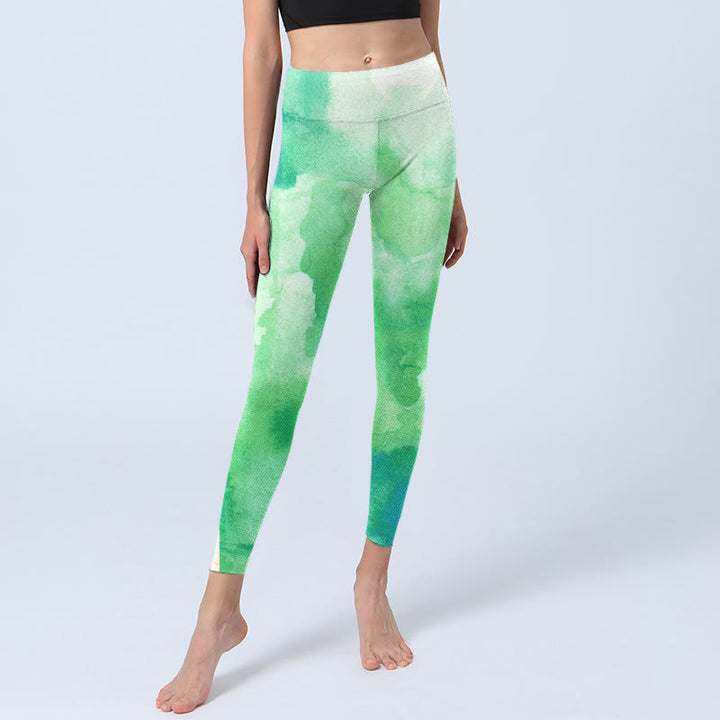 Buddha Stones Grüne Tintenwaschmuster-Gymnastik-Leggings für Damen, Yogahose