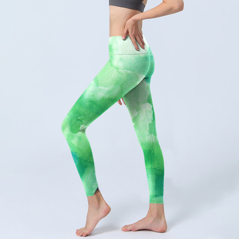 Buddha Stones Grüne Tintenwaschmuster-Gymnastik-Leggings für Damen, Yogahose - image 3