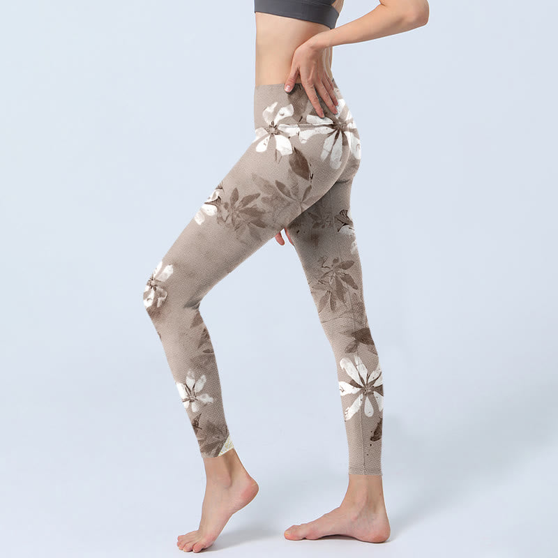 Buddha Stones Weiß Braun Blumen Muster Gym Leggings frauen Yoga Hosen