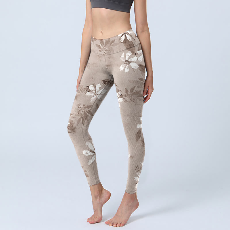 Buddha Stones ​​Weiß Braun Blumen Muster Gym Leggings frauen Yoga Hosen - BurlyWood - US18， UK/AU22，EU50 (4XL) - image 1