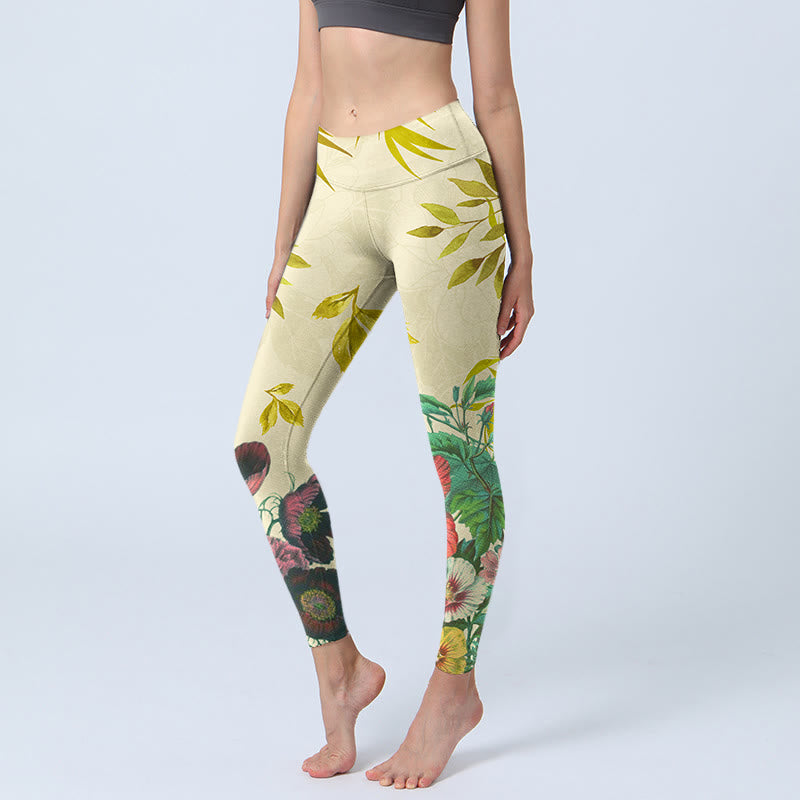 Buddha Stones ​​Goldene Grüne Blätter Bunte Blumen Gym Leggings frauen Yoga Hosen - Khaki - US18， UK/AU22，EU50 (4XL) - image 1