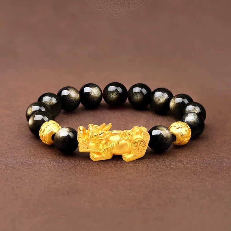 Armband mit natürlichem Obsidian und goldenem Glanz von Buddha Stones , PiXiu, Om Mani Padme Hum, Reichtum