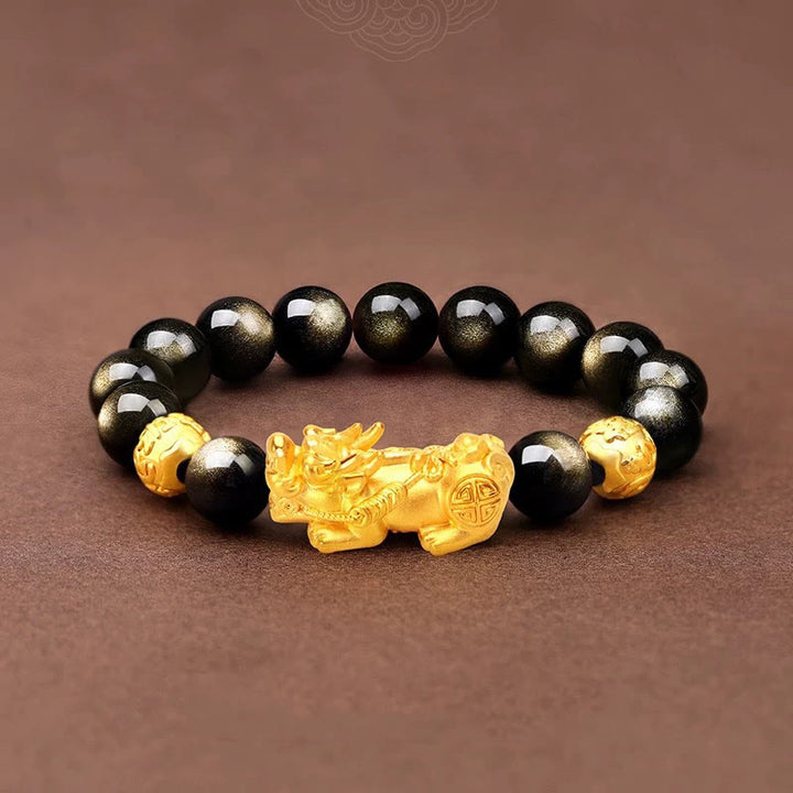 Armband mit natürlichem Obsidian und goldenem Glanz von Buddha Stones , PiXiu, Om Mani Padme Hum, Reichtum