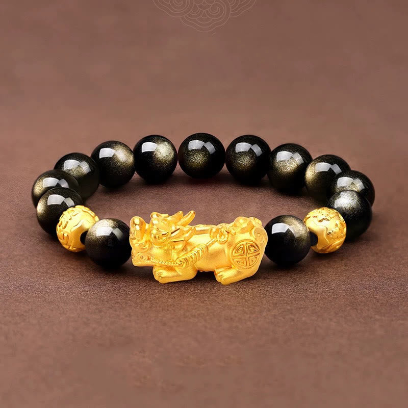 Armband mit natürlichem Obsidian und goldenem Glanz von Buddha Stones , PiXiu, Om Mani Padme Hum, Reichtum