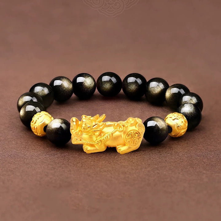 Armband mit natürlichem Obsidian und goldenem Glanz von Buddha Stones , PiXiu, Om Mani Padme Hum, Reichtum