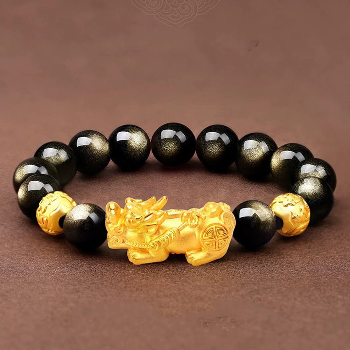 Armband mit natürlichem Obsidian und goldenem Glanz von Buddha Stones , PiXiu, Om Mani Padme Hum, Reichtum