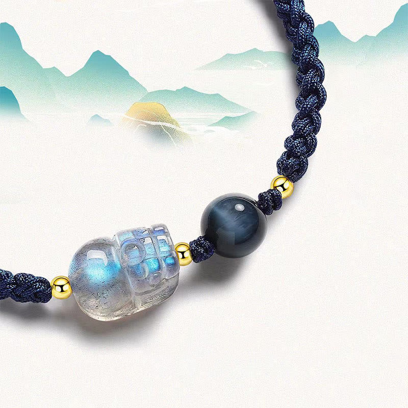 Buddha Stones Mondstein PiXiu Blaues Tigerauge Fu Charakter Heilung Paar String Armband