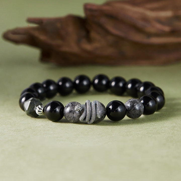 Buddha Stones Schwarzer Obsidian Schwarzer Rutilquarz 925 Sterling Silber Jahr der Schlange Reinigungsarmband