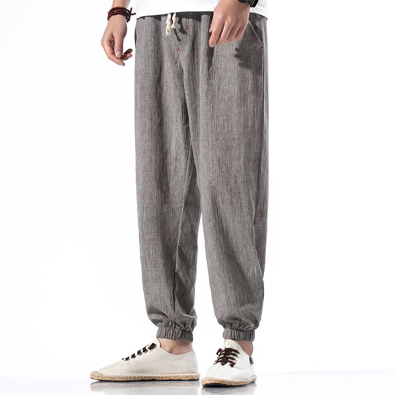Buddha Stones Lässige, einfarbige Herrenhose aus Leinen mit Kordelzug und Taschen - Grau - US/ UK/AU46，EU56 (5XL) - image 29