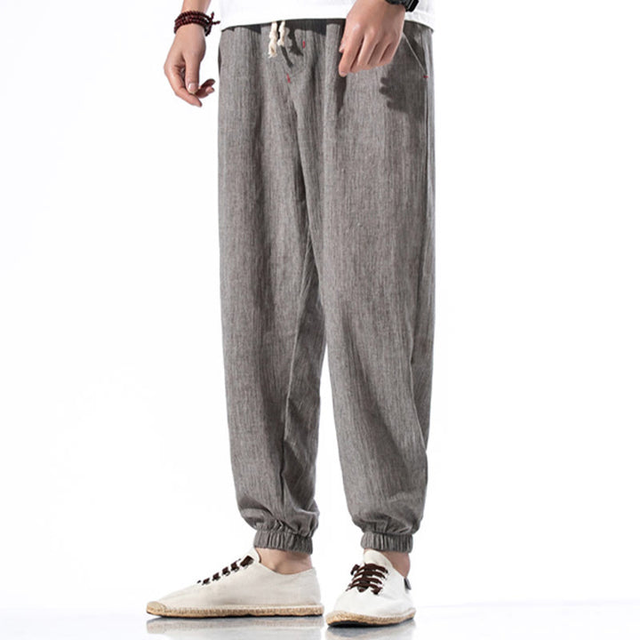 Buddha Stones Lässige, einfarbige Herrenhose aus Leinen mit Kordelzug und Taschen - Grau - US/ UK/AU46，EU56 (5XL) - image 29