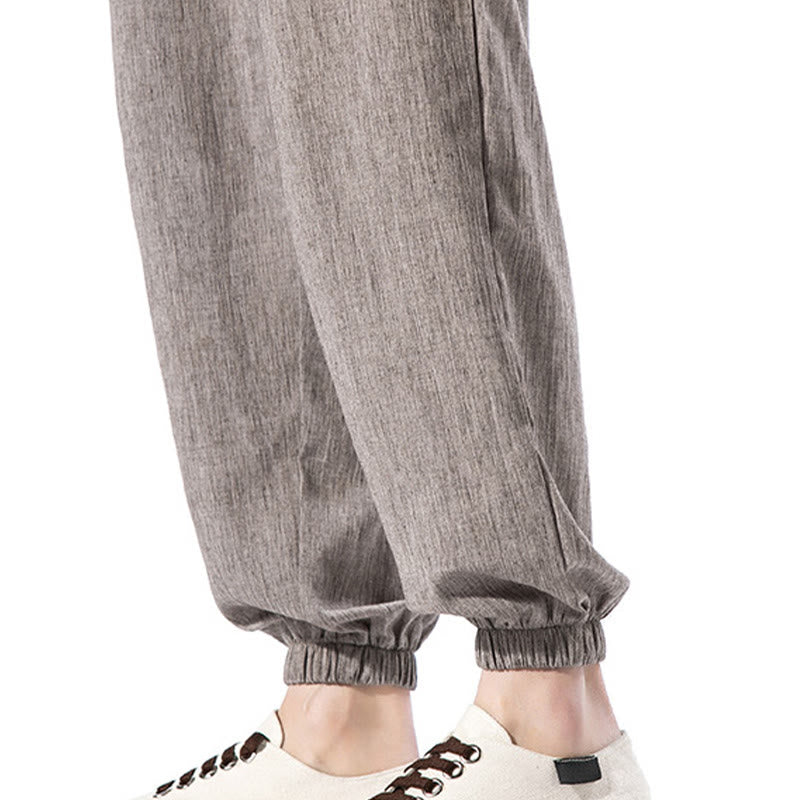 Buddha Stones Lässige, einfarbige Herrenhose aus Leinen mit Kordelzug und Taschen - image 37