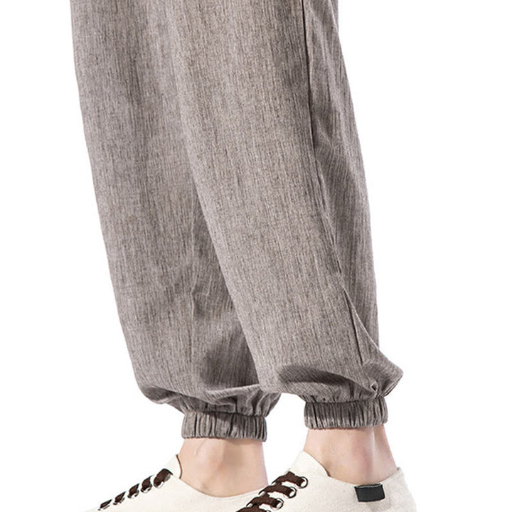 Buddha Stones Lässige, einfarbige Herrenhose aus Leinen mit Kordelzug und Taschen - image 37