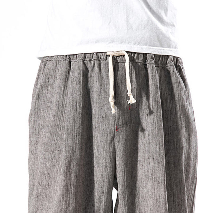 Buddha Stones Lässige, einfarbige Herrenhose aus Leinen mit Kordelzug und Taschen - image 34