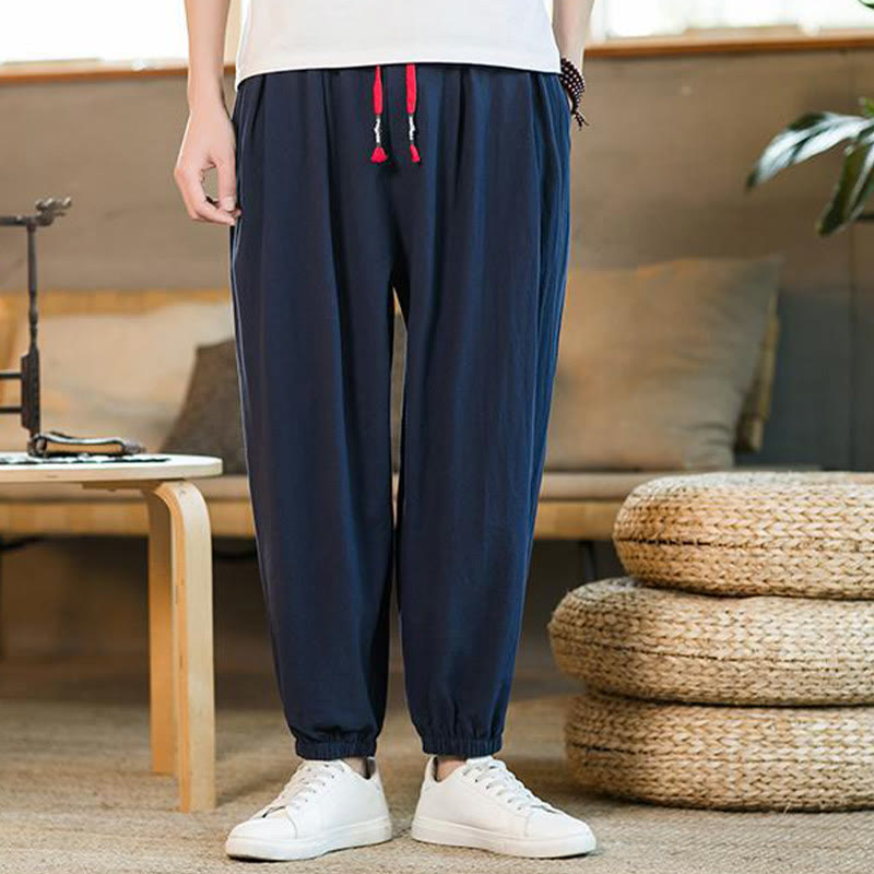 Buddha Stones - einfarbige rote Leinenhose mit Kordelzug und Taschen für Herren - Dunkelblau - US/ UK/AU46，EU56 (5XL)  - image 30