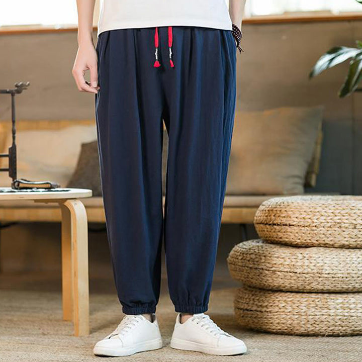 Buddha Stones - einfarbige rote Leinenhose mit Kordelzug und Taschen für Herren - Dunkelblau - US/ UK/AU46，EU56 (5XL)  - image 30