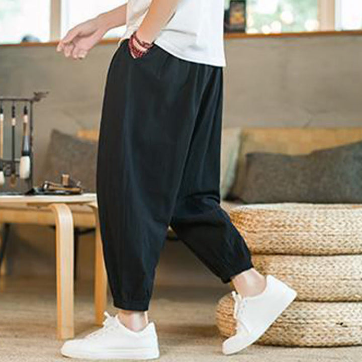 Buddha Stones - einfarbige rote Leinenhose mit Kordelzug und Taschen für Herren - image 17