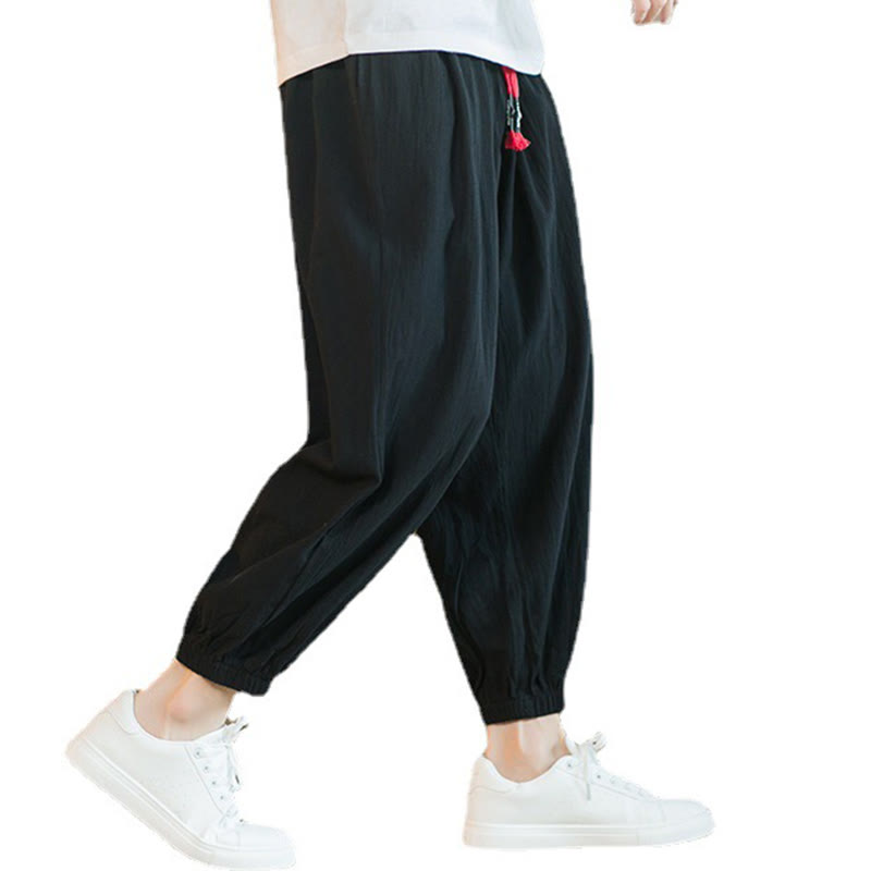 Buddha Stones - einfarbige rote Leinenhose mit Kordelzug und Taschen für Herren - image 22