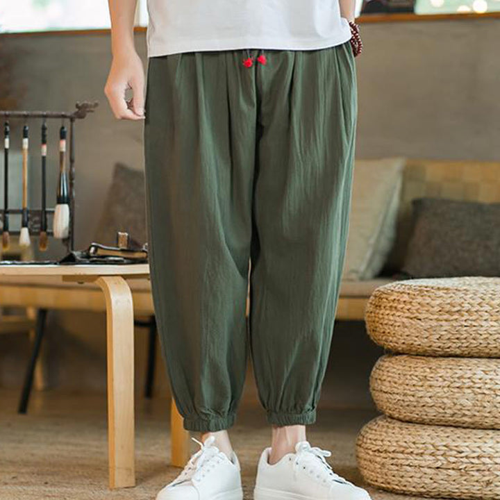 Buddha Stones - einfarbige rote Leinenhose mit Kordelzug und Taschen für Herren - image 1