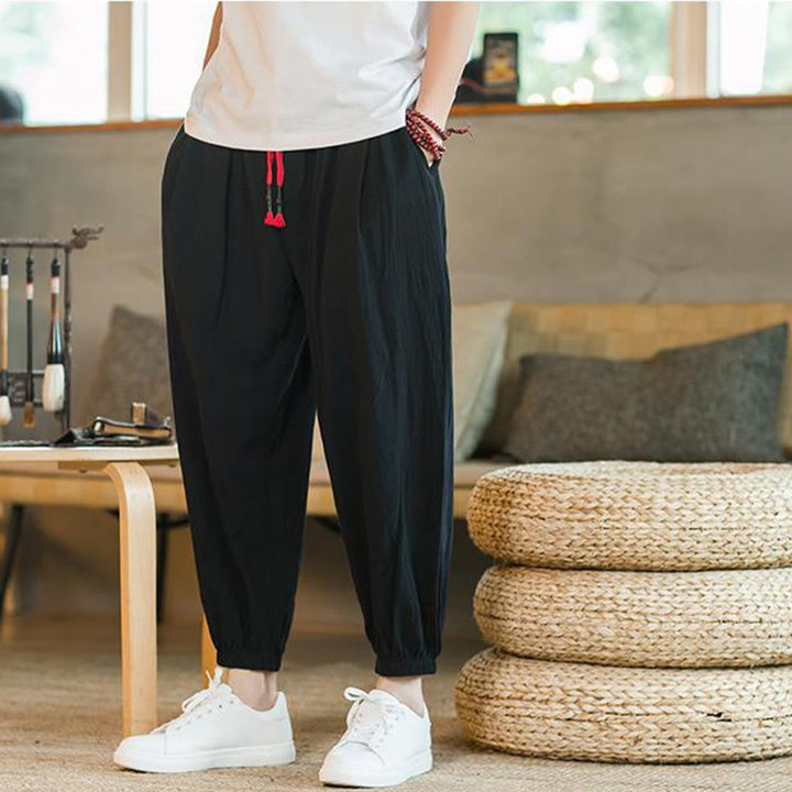 Buddha Stones - einfarbige rote Leinenhose mit Kordelzug und Taschen für Herren - image 13
