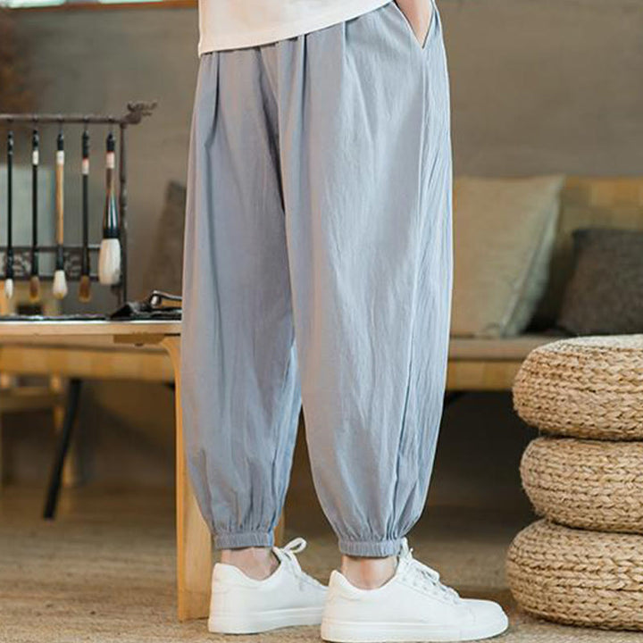 Buddha Stones - einfarbige rote Leinenhose mit Kordelzug und Taschen für Herren - image 29