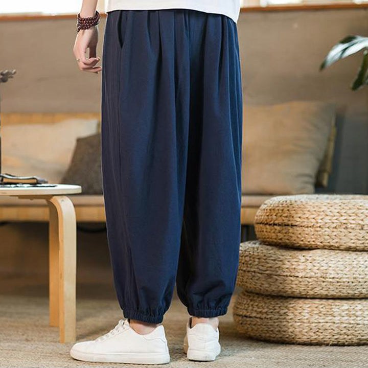 Buddha Stones - einfarbige rote Leinenhose mit Kordelzug und Taschen für Herren - image 38